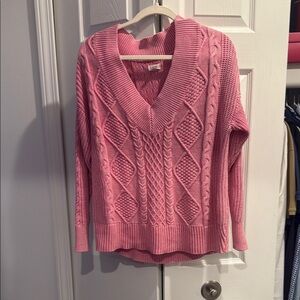 Aerie Pink V-Neck Sweater with Cable Knit Detailing